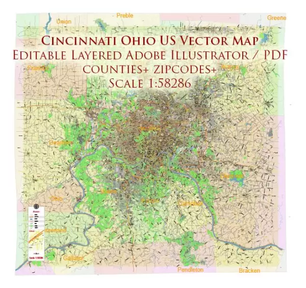 Cincinnati Ohio Metro Area US Map Vector Exact Low Detailed (for small print size) City Plan + ZIPcodes + Counties editable Adobe Illustrator Street Map in layers