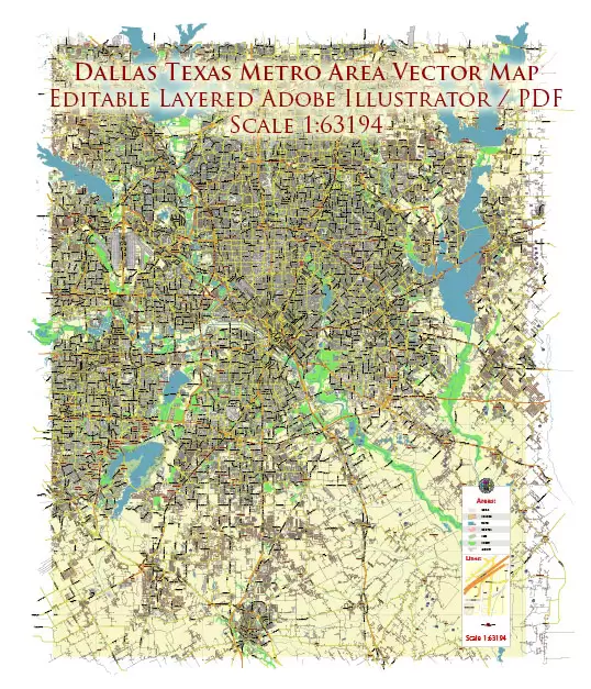 Dallas Texas US Map Vector City Plan Low Detailed (for small print size) Street Map editable Adobe Illustrator in layers
