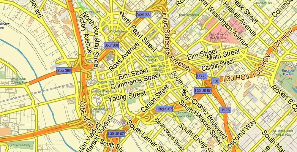Dallas Texas US PDF Vector Map: City Plan Low Detailed (for small print size) Street Map editable Adobe PDF in layers