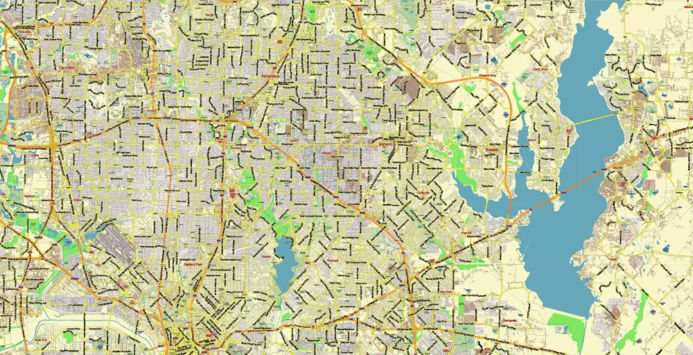 Dallas Texas US PDF Vector Map: City Plan Low Detailed (for small print size) Street Map editable Adobe PDF in layers