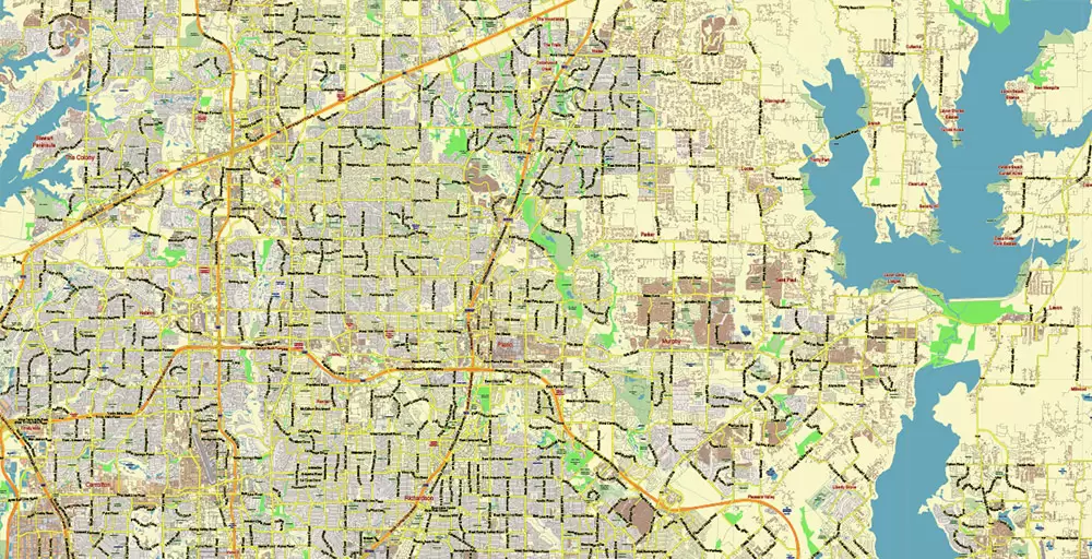 Dallas Texas US PDF Vector Map: City Plan Low Detailed (for small print size) Street Map editable Adobe PDF in layers