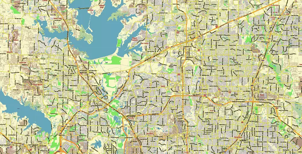 Dallas Texas US PDF Vector Map: City Plan Low Detailed (for small print size) Street Map editable Adobe PDF in layers