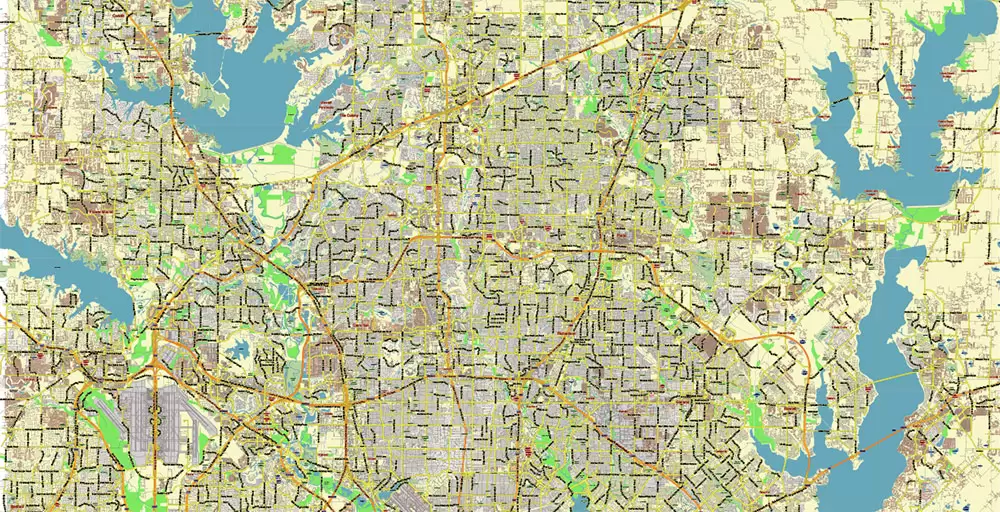 Dallas Texas US PDF Vector Map: City Plan Low Detailed (for small print size) Street Map editable Adobe PDF in layers