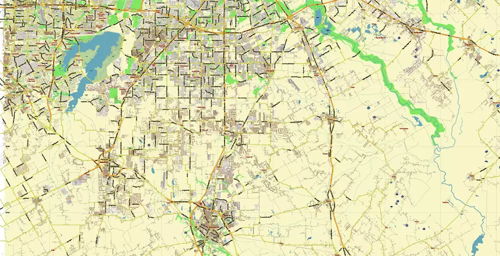 Dallas Texas US PDF Vector Map: City Plan Low Detailed (for small print size) Street Map editable Adobe PDF in layers