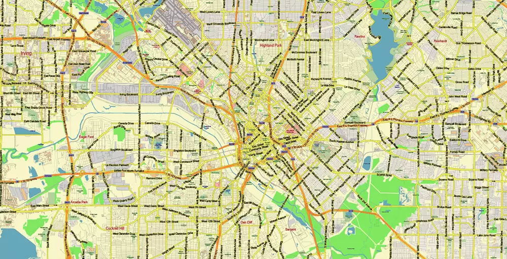 Dallas Texas US PDF Vector Map: City Plan Low Detailed (for small print size) Street Map editable Adobe PDF in layers