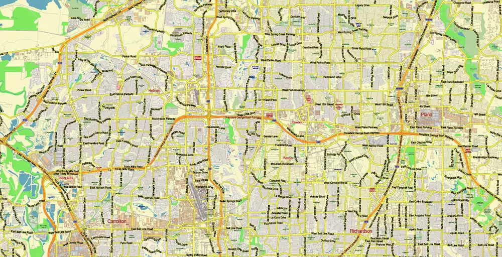 Dallas Texas US PDF Vector Map: City Plan Low Detailed (for small print size) Street Map editable Adobe PDF in layers