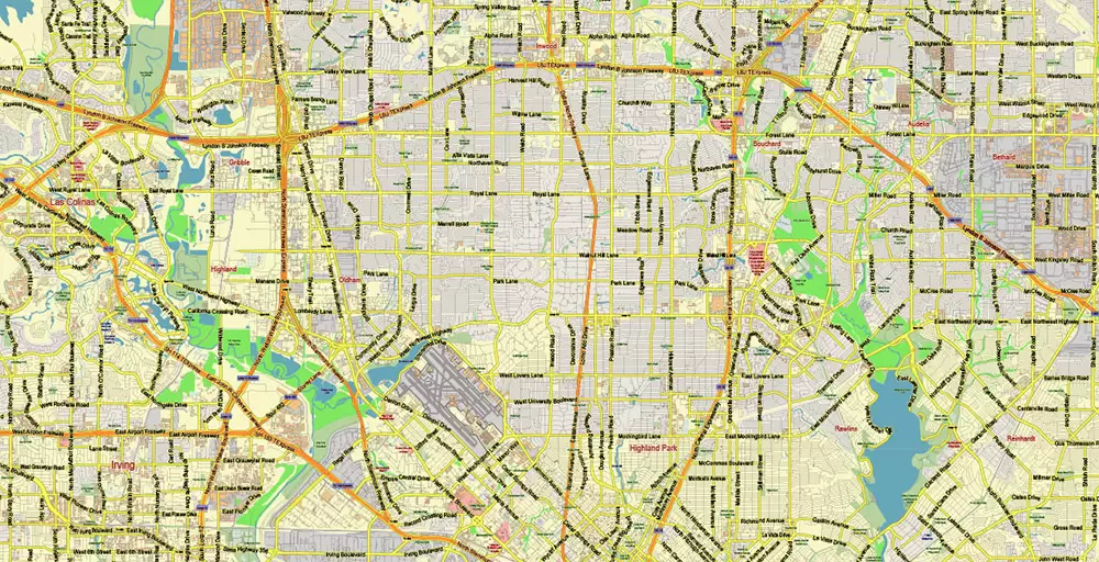 Dallas Texas US PDF Vector Map: City Plan Low Detailed (for small print size) Street Map editable Adobe PDF in layers