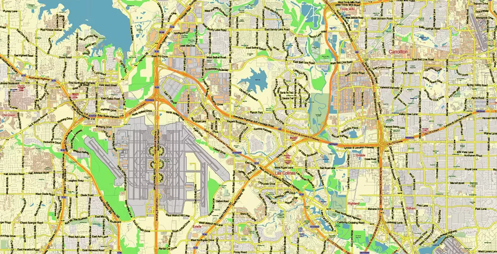 Dallas Texas US PDF Vector Map: City Plan Low Detailed (for small print size) Street Map editable Adobe PDF in layers