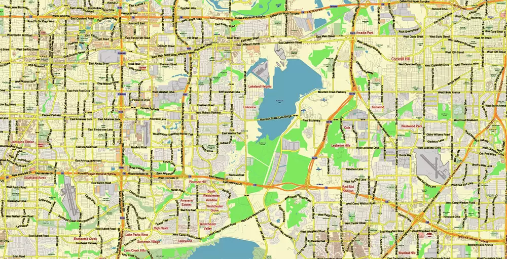 Dallas Texas US PDF Vector Map: City Plan Low Detailed (for small print size) Street Map editable Adobe PDF in layers