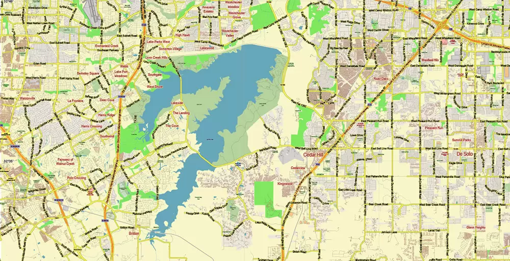 Dallas Texas US PDF Vector Map: City Plan Low Detailed (for small print size) Street Map editable Adobe PDF in layers