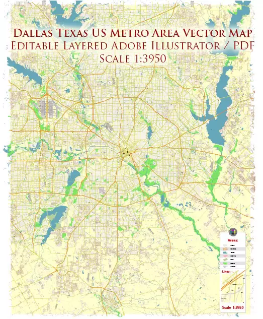 Dallas Texas US Map Vector Metro Area Accurate High Detailed City Plan editable Adobe Illustrator Street Map in layers