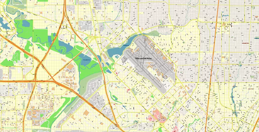 Dallas Texas US PDF Vector Map Metro Area Accurate High Detailed City Plan editable Adobe PDF Street Map in layers