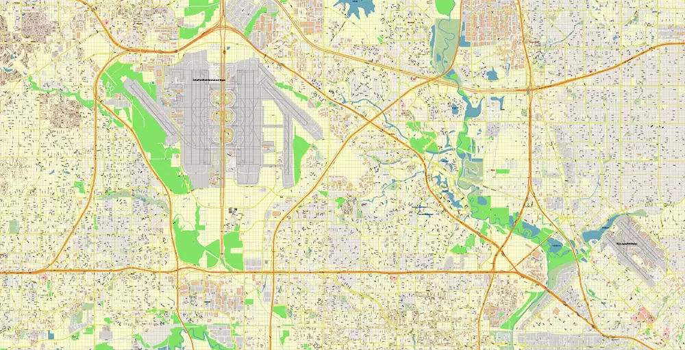 Dallas Texas US PDF Vector Map Metro Area Accurate High Detailed City Plan editable Adobe PDF Street Map in layers
