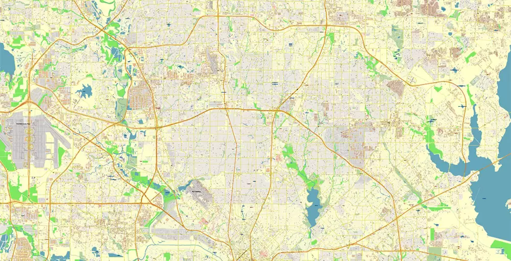 Dallas Texas US PDF Vector Map Metro Area Accurate High Detailed City Plan editable Adobe PDF Street Map in layers
