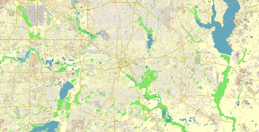 Dallas Texas US PDF Vector Map Metro Area Accurate High Detailed City Plan editable Adobe PDF Street Map in layers