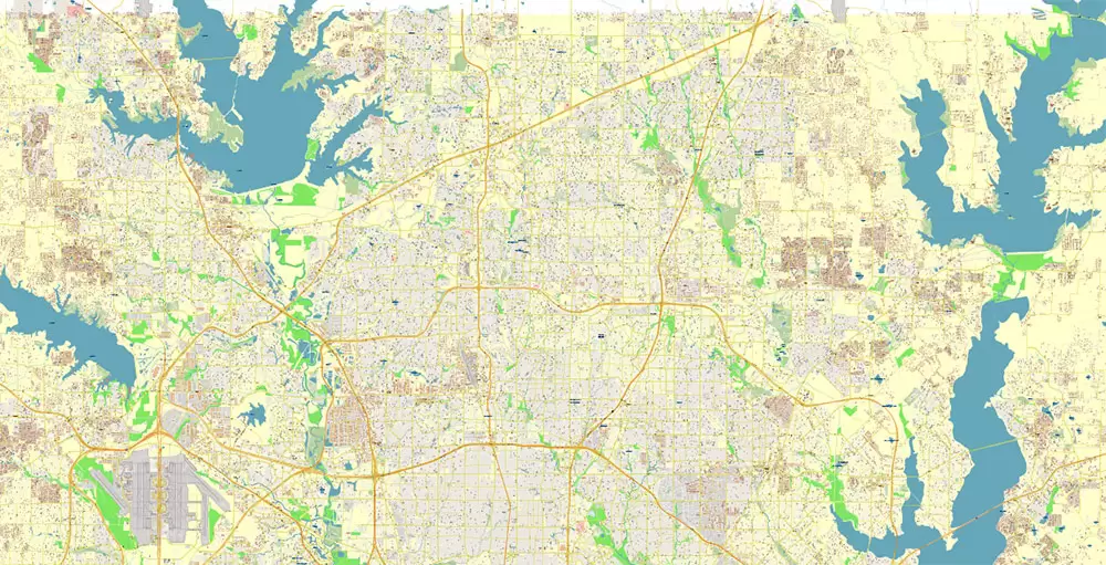 Dallas Texas US PDF Vector Map Metro Area Accurate High Detailed City Plan editable Adobe PDF Street Map in layers