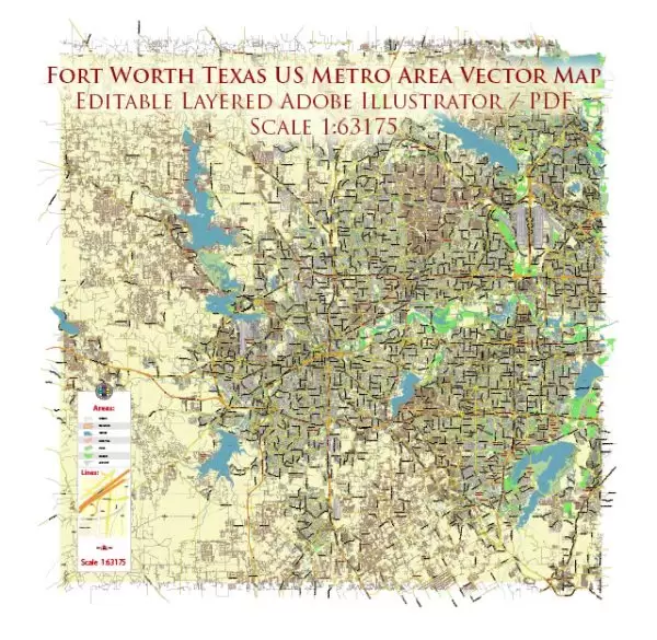 Fort Worth Texas US Map Vector Metro Area City Plan Low Detailed (for small print size) Street Map editable Adobe Illustrator in layers