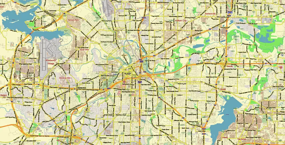 Fort Worth Texas US Map Vector Metro Area City Plan Low Detailed (for small print size) Street Map editable Adobe Illustrator in layers