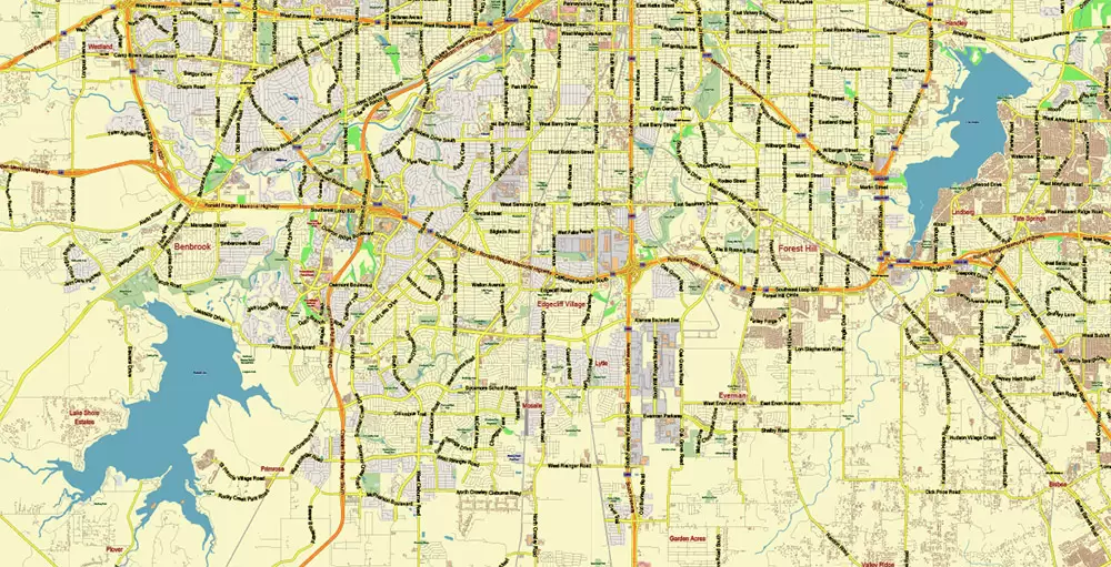 Fort Worth Texas US Map Vector Metro Area City Plan Low Detailed (for small print size) Street Map editable Adobe Illustrator in layers