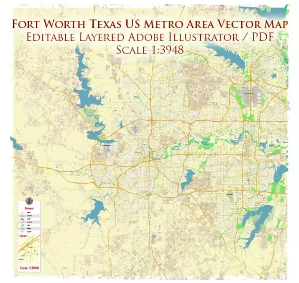Fort Worth Texas US Map Vector Metro Area Accurate High Detailed City Plan editable Adobe Illustrator Street Map in layers