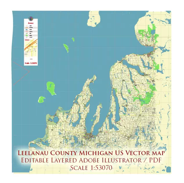 Leelanau County Michigan US PDF Vector Map: Exact Low Detailed (for small print size) County Plan editable Adobe PDF Street Map in layers