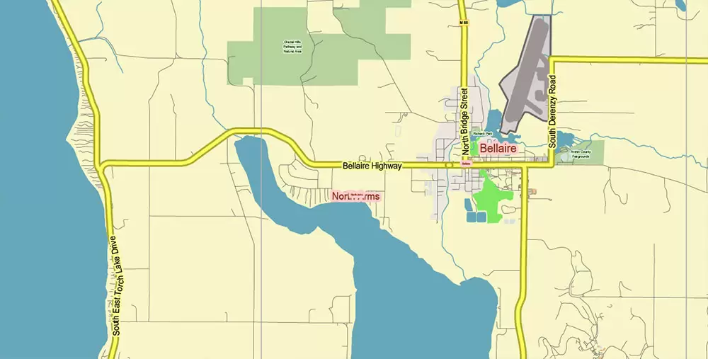 Leelanau County Michigan US PDF Vector Map: Exact Low Detailed (for small print size) County Plan editable Adobe PDF Street Map in layers