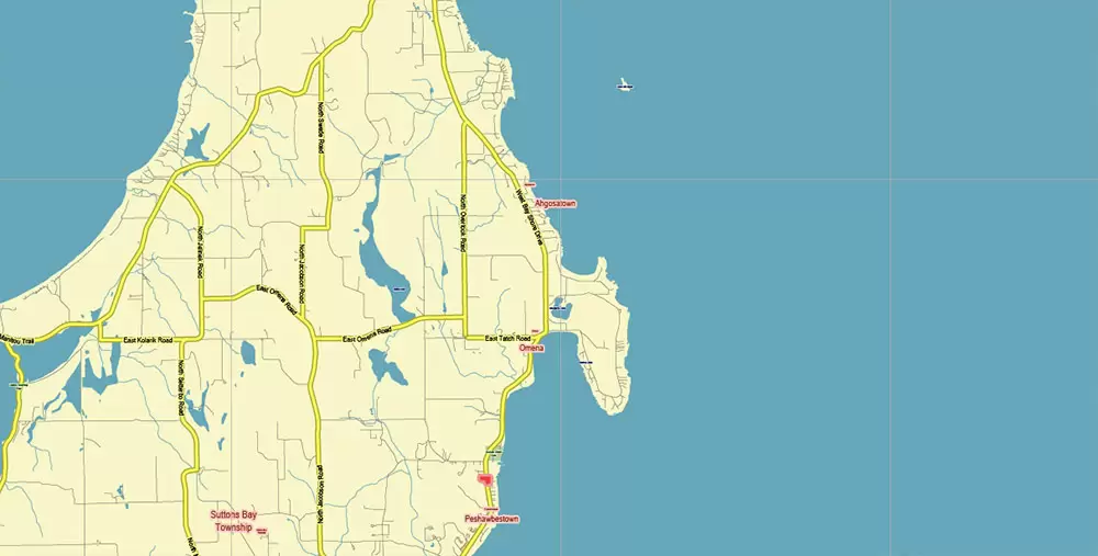 Leelanau County Michigan US PDF Vector Map: Exact Low Detailed (for small print size) County Plan editable Adobe PDF Street Map in layers