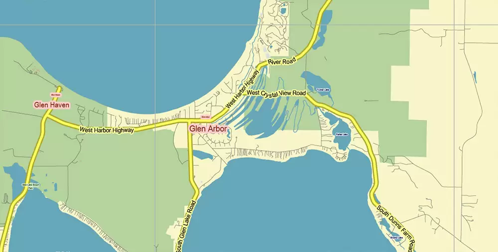 Leelanau County Michigan US PDF Vector Map: Exact Low Detailed (for small print size) County Plan editable Adobe PDF Street Map in layers