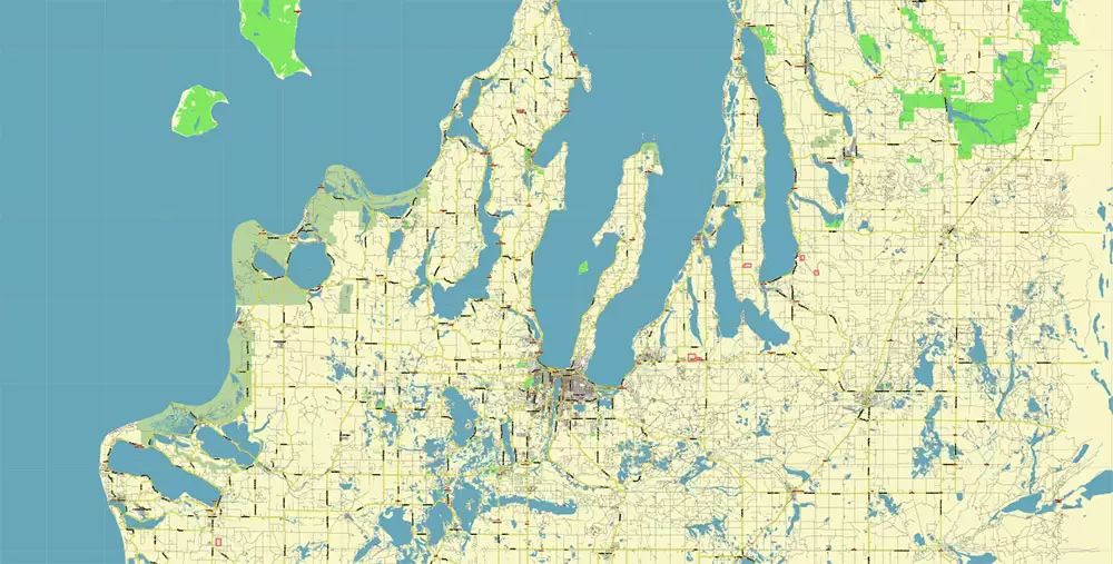 Leelanau County Michigan US PDF Vector Map: Exact Low Detailed (for small print size) County Plan editable Adobe PDF Street Map in layers
