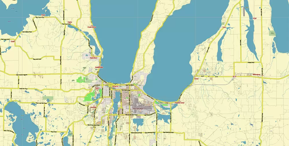 Leelanau County Michigan US PDF Vector Map: Exact Low Detailed (for small print size) County Plan editable Adobe PDF Street Map in layers