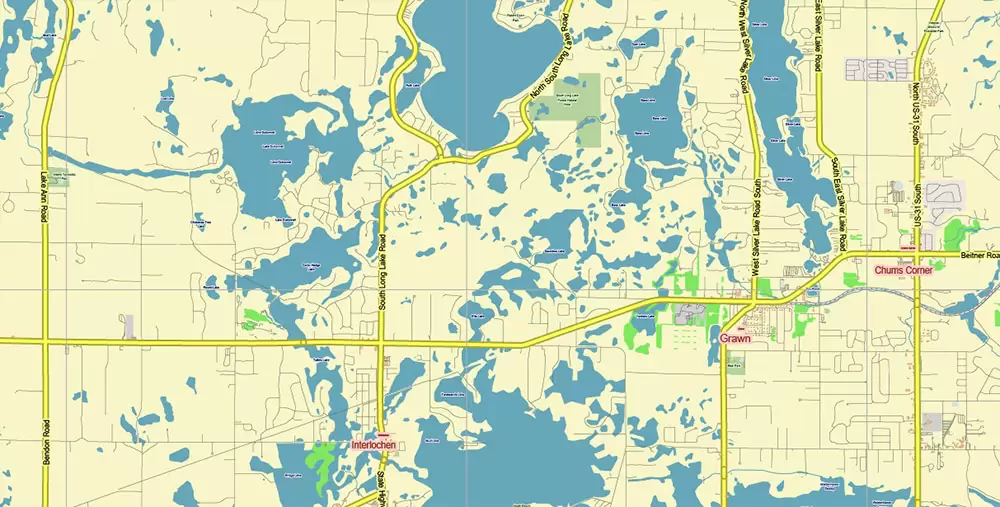 Leelanau County Michigan US PDF Vector Map: Exact Low Detailed (for small print size) County Plan editable Adobe PDF Street Map in layers