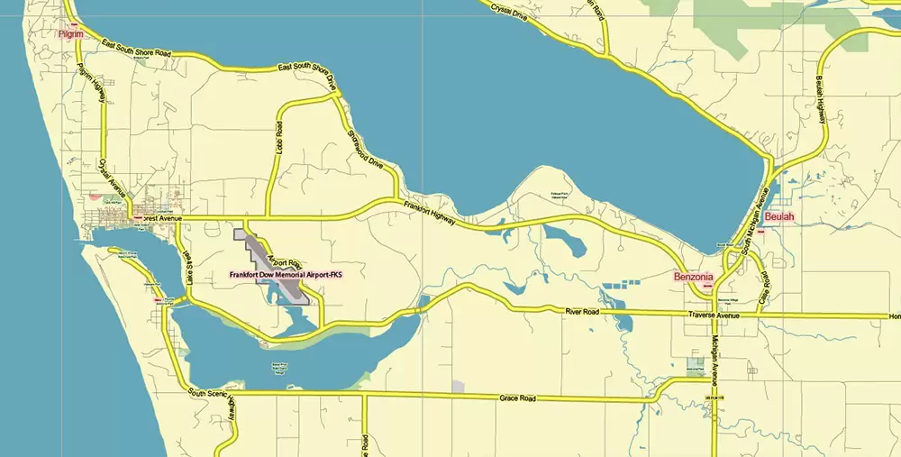 Leelanau County Michigan US PDF Vector Map: Exact Low Detailed (for small print size) County Plan editable Adobe PDF Street Map in layers
