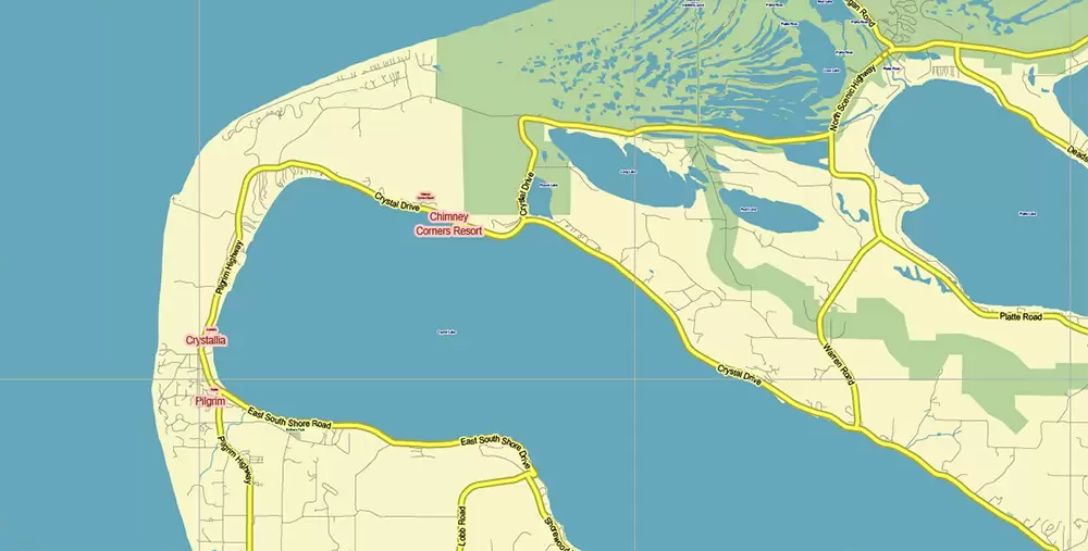 Leelanau County Michigan US PDF Vector Map: Exact Low Detailed (for small print size) County Plan editable Adobe PDF Street Map in layers