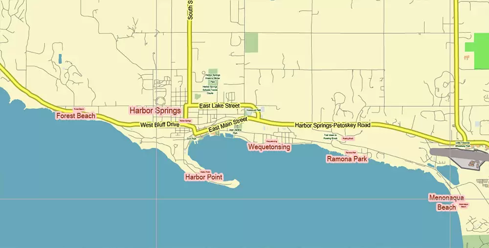 Leelanau County Michigan US PDF Vector Map: Exact Low Detailed (for small print size) County Plan editable Adobe PDF Street Map in layers