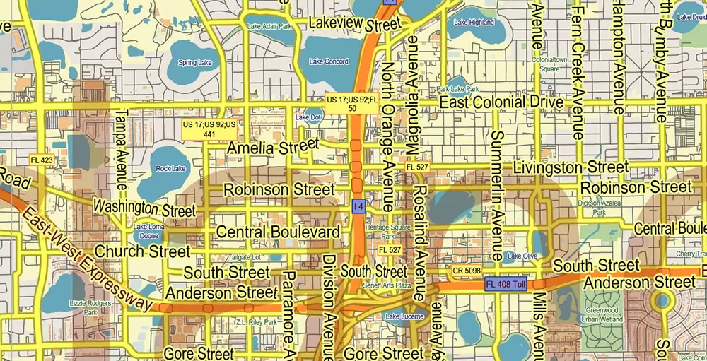 Orlando (North Part) Florida US PDF Vector Map: Accurate Low Detailed (for small print size) City Plan editable Adobe PDF Street Map in layers