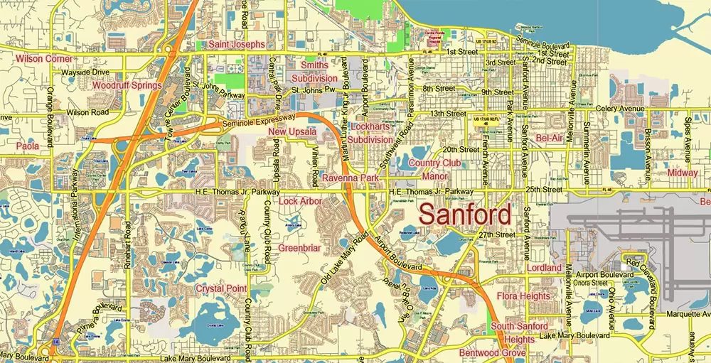 Orlando (North Part) Florida US PDF Vector Map: Accurate Low Detailed (for small print size) City Plan editable Adobe PDF Street Map in layers