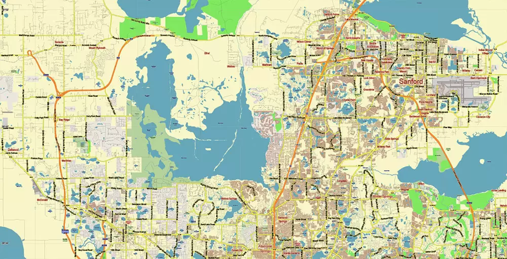 Orlando (North Part) Florida US PDF Vector Map: Accurate Low Detailed (for small print size) City Plan editable Adobe PDF Street Map in layers