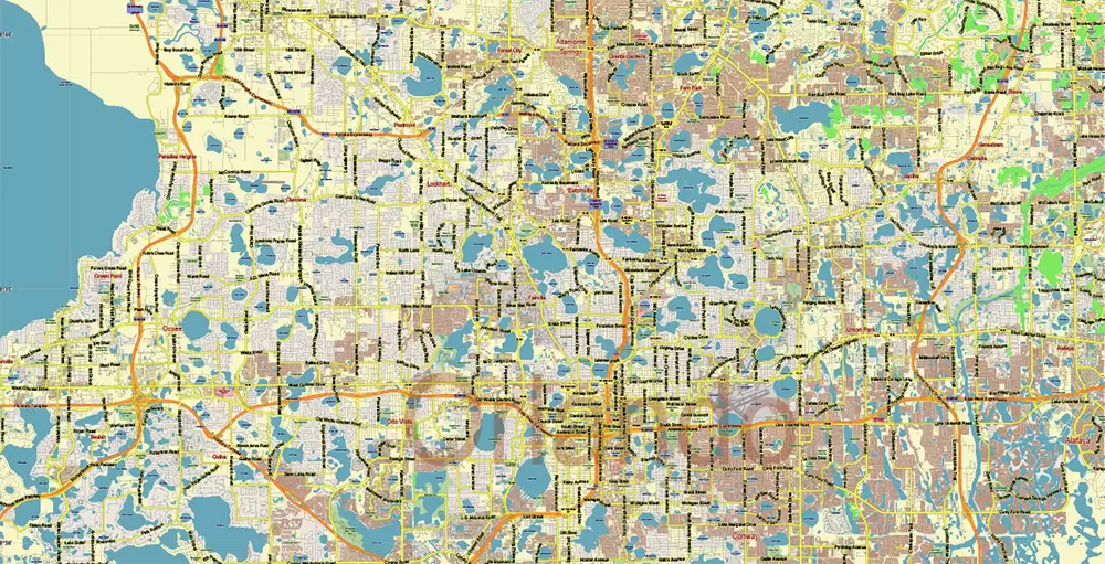 Orlando (North Part) Florida US PDF Vector Map: Accurate Low Detailed (for small print size) City Plan editable Adobe PDF Street Map in layers