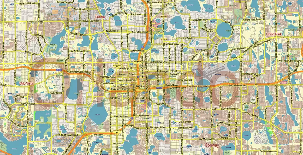 Orlando (North Part) Florida US PDF Vector Map: Accurate Low Detailed (for small print size) City Plan editable Adobe PDF Street Map in layers