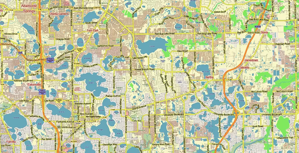 Orlando (North Part) Florida US PDF Vector Map: Accurate Low Detailed (for small print size) City Plan editable Adobe PDF Street Map in layers