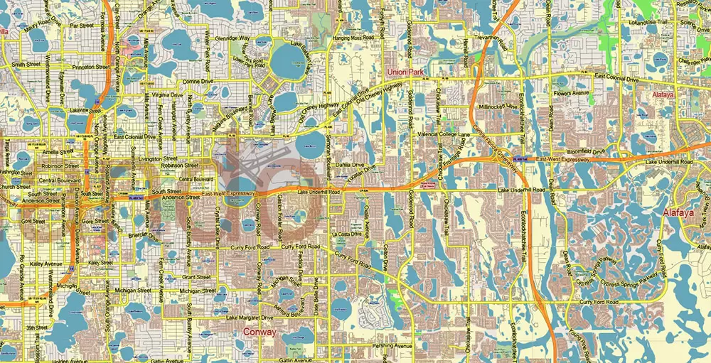 Orlando (North Part) Florida US PDF Vector Map: Accurate Low Detailed (for small print size) City Plan editable Adobe PDF Street Map in layers