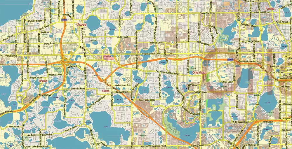 Orlando (North Part) Florida US PDF Vector Map: Accurate Low Detailed (for small print size) City Plan editable Adobe PDF Street Map in layers
