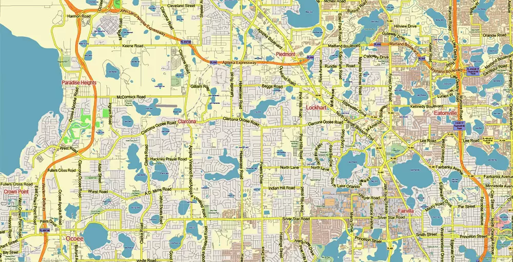 Orlando (North Part) Florida US PDF Vector Map: Accurate Low Detailed (for small print size) City Plan editable Adobe PDF Street Map in layers
