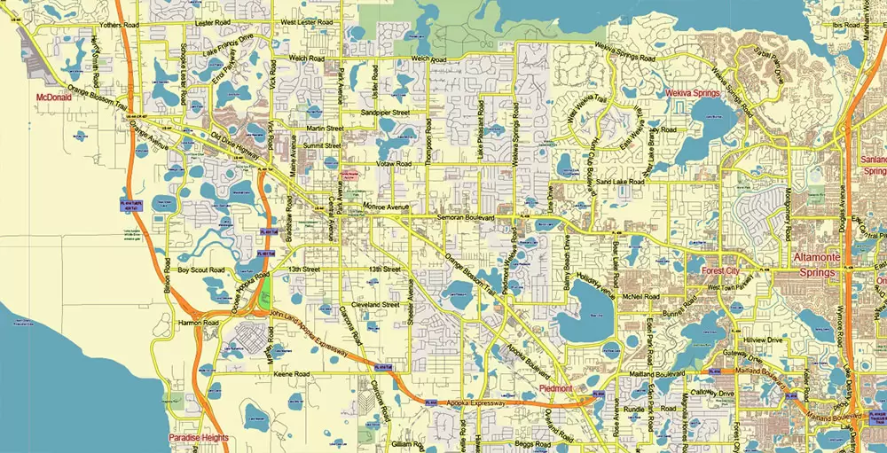 Orlando (North Part) Florida US PDF Vector Map: Accurate Low Detailed (for small print size) City Plan editable Adobe PDF Street Map in layers