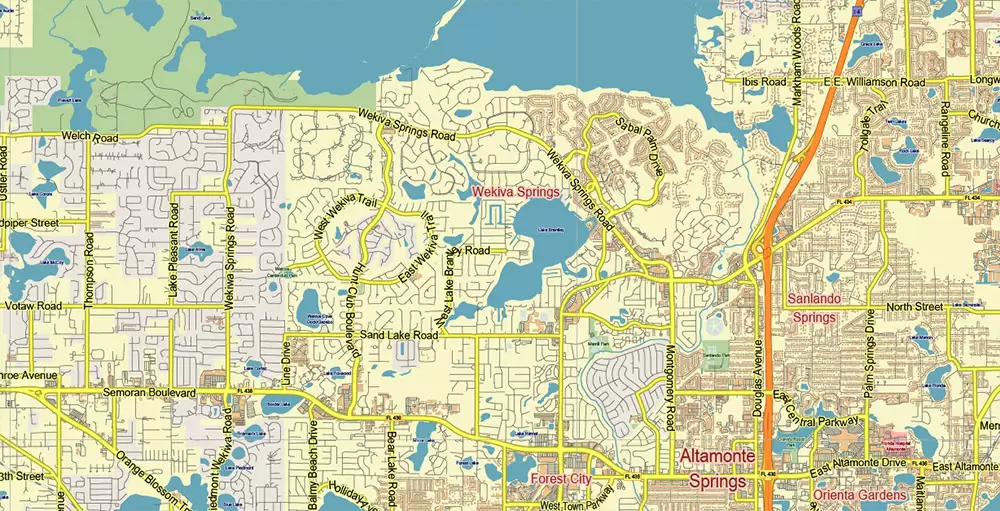 Orlando (North Part) Florida US PDF Vector Map: Accurate Low Detailed (for small print size) City Plan editable Adobe PDF Street Map in layers