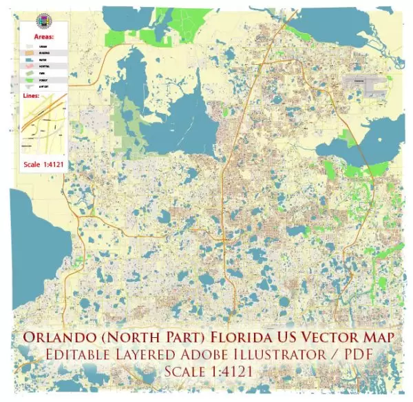 Orlando (North Part) Florida US Map Vector Metro Area Accurate High Detailed City Plan editable Adobe Illustrator Street Map in layers