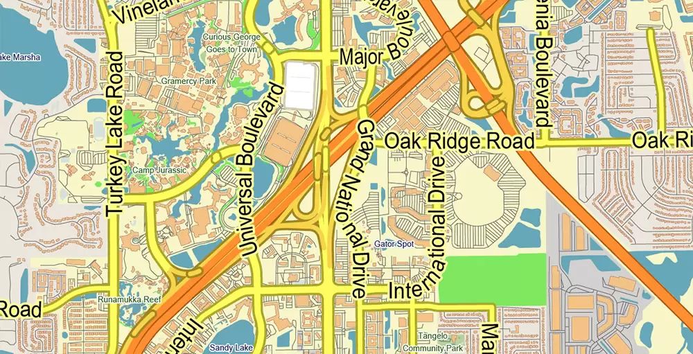 Orlando Florida US Map Vector City Plan Metro Area Low Detailed (for small print size) Street Map editable Adobe Illustrator in layers