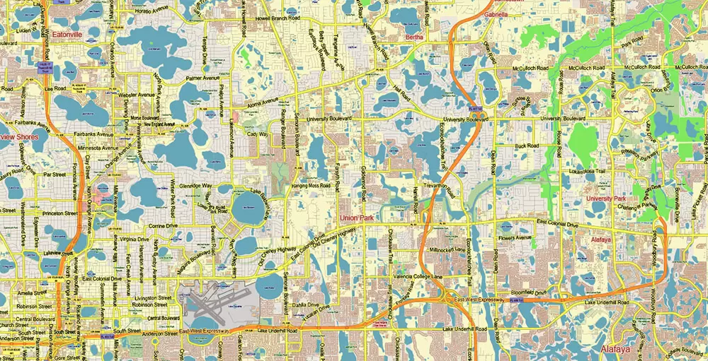 Orlando Florida US Map Vector City Plan Metro Area Low Detailed (for small print size) Street Map editable Adobe Illustrator in layers