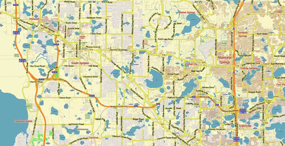 Orlando Florida US Map Vector City Plan Metro Area Low Detailed (for small print size) Street Map editable Adobe Illustrator in layers