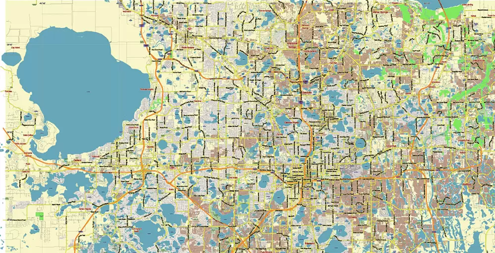 Orlando Florida US Map Vector City Plan Metro Area Low Detailed (for small print size) Street Map editable Adobe Illustrator in layers